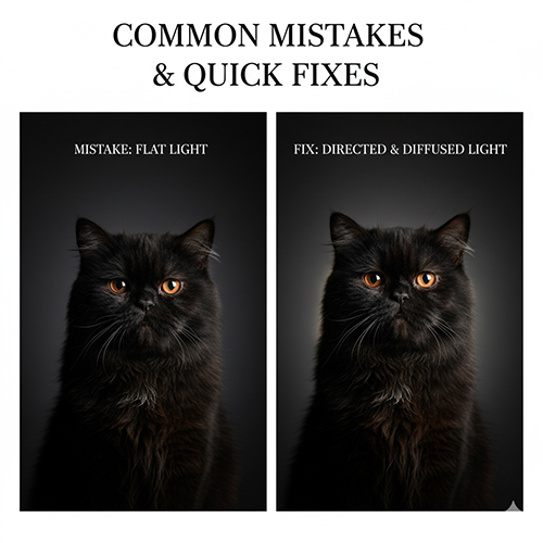 So sánh lỗi chụp mèo Ba Tư đen bằng ánh sáng phẳng và ảnh được sửa với ánh sáng có hướng khuếch tán