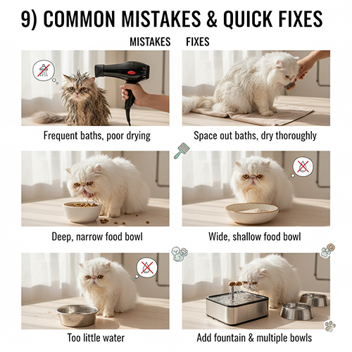 Các lỗi chăm mèo Ba Tư lai thường gặp và cách khắc phục như tắm dày, bát ăn sâu, thiếu nước