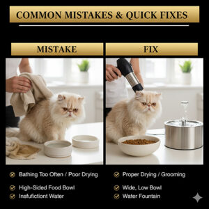 so sánh lỗi chăm mèo Ba Tư và cách khắc phục với hình minh họa tắm sấy – bát ăn – đài nước