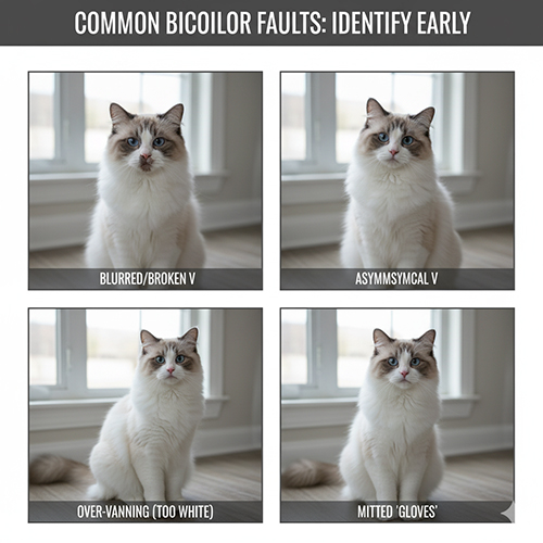 Bốn ảnh minh họa các lỗi phổ biến ở mèo Ragdoll bicolor như V mờ, V lệch, trắng quá nhiều và găng tay kiểu mitted