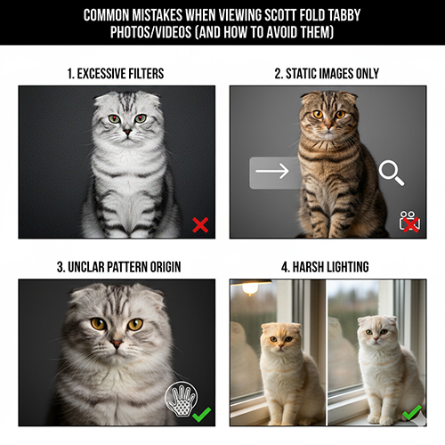Infographic 4 lỗi khi xem ảnh hoặc video Scottish Fold Tabby: filter đẩy vằn, chỉ ảnh tĩnh, không rẽ lông, ánh đèn gắt; kèm mẹo tránh.