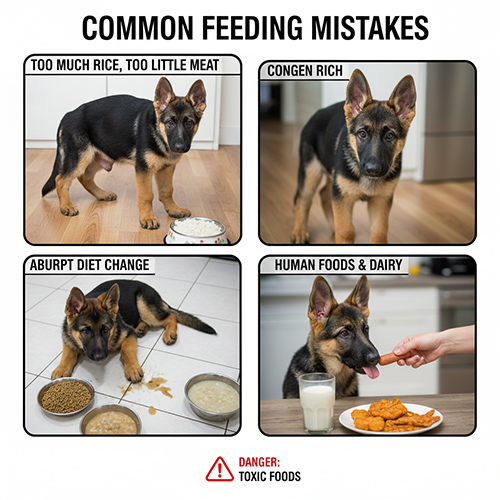 Những lỗi thường gặp khi cho chó Becgie con ăn như ăn thừa cơm, đổi khẩu phần đột ngột, dùng đồ ăn người