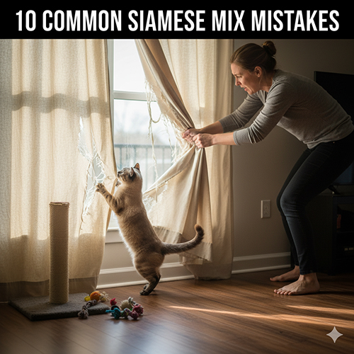 Mèo Xiêm lai đang cào rèm trong phòng khách, chủ nhà kéo rèm lại, thể hiện lỗi thường gặp khi mèo thiếu phiên chơi.