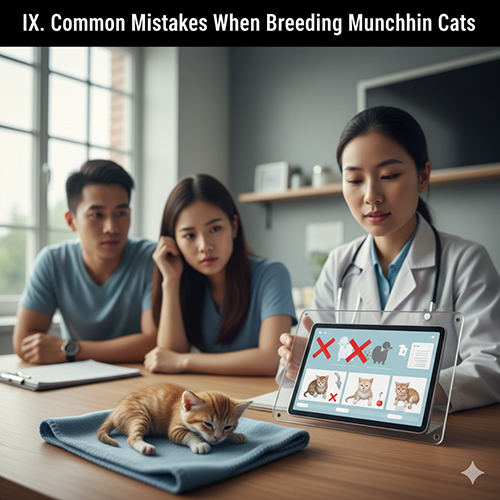 Bác sĩ thú y trình bày trên máy tính bảng các lỗi cần tránh khi phối giống mèo Munchkin; cặp đôi lắng nghe, bên cạnh là mèo con nằm trên khăn.