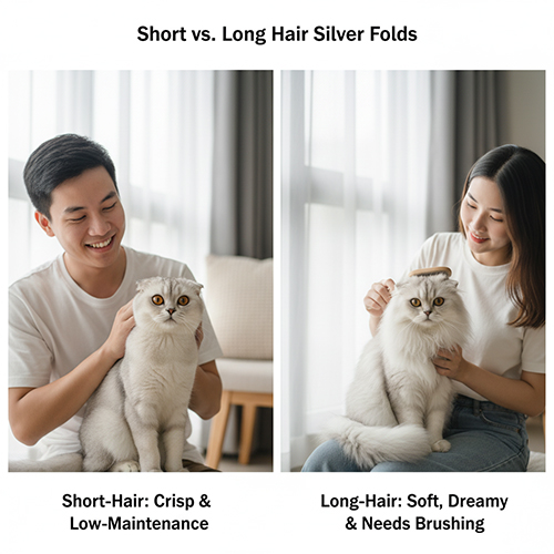 Hai người trẻ đang vuốt ve mèo Silver Scottish Fold lông ngắn và mèo Highland Fold lông dài, thể hiện sự khác biệt giữa hai kiểu lông
