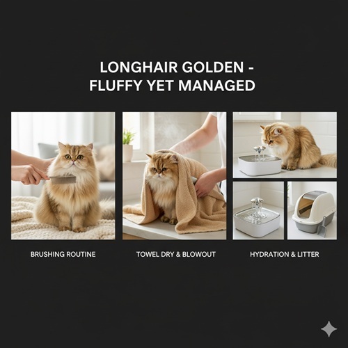 bo anh meo longhair golden voi cac buoc cham soc chai long say kho va bo sung nuoc va ve sinh