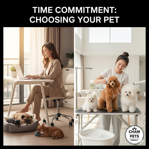 Hai khung cảnh minh họa – một người làm việc cùng chó nhỏ bên cạnh và một người grooming Poodle và Bichon