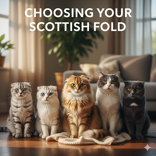 Năm mèo Scottish Fold với các màu silver, golden, bicolor, xám và tabby ngồi cạnh nhau trong phòng sáng ấm, thể hiện sự đa dạng màu và pattern.