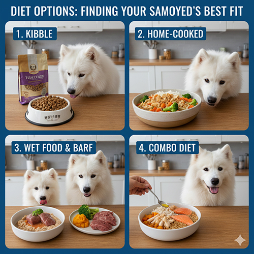 So sánh các kiểu ăn của chó Samoyed gồm thức ăn hạt đồ tươi pate barf và chế độ ăn kết hợp