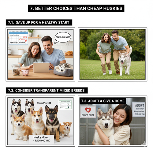 Những lựa chọn tốt hơn săn chó Husky giá rẻ như chuẩn bị ngân sách, chọn Husky lai minh bạch và nhận nuôi