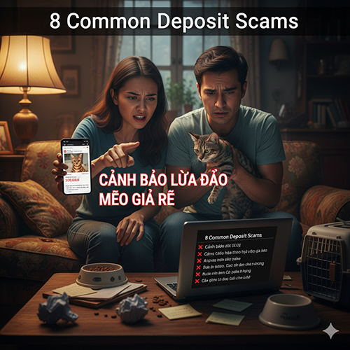 Cặp đôi hoảng hốt xem cảnh báo “lừa đảo mèo giá rẻ” trên laptop và điện thoại, bên cạnh là mèo Bengal thật