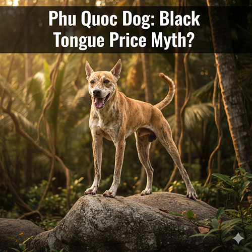 Chó Phú Quốc đứng trên tảng đá trong rừng, miệng hé để lộ lưỡi có sắc tố đen, dáng khỏe và cảnh quan hoang dã phía sau