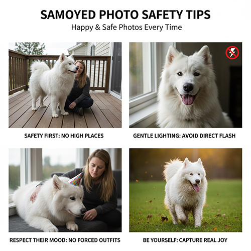 Lưu ý an toàn khi chụp hình chó Samoyed như tránh nơi cao, không dùng flash mạnh và tôn trọng cảm xúc của bé