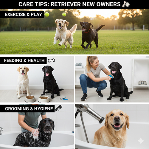 Infographic hướng dẫn chăm sóc Retriever cho người mới: vận động chơi đùa, ăn uống sức khỏe và chăm lông vệ sinh