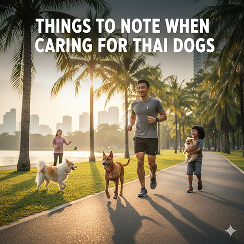 Gia đình Việt Nam chạy bộ cùng ba chú chó Thái Lan trên con đường ven hồ rợp bóng dừa, minh họa cho việc chăm sóc và rèn luyện chó Thái đúng cách