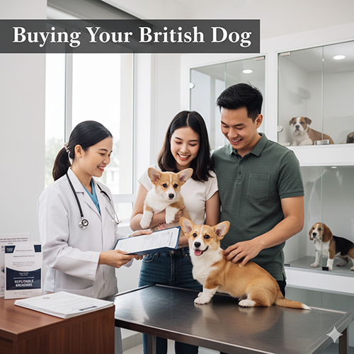 Bác sĩ thú y tư vấn cho cặp đôi trẻ đang mua chó Corgi tại phòng khám, bàn có hai chú Corgi dễ thương