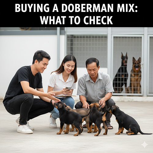 Người mua đang kiểm tra đàn chó con Doberman lai tại trại, quan sát hành vi và trao đổi với người bán.