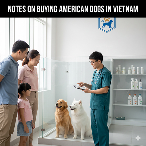 Lưu ý khi mua chó Mỹ tại Việt Nam – hình ảnh bác sĩ thú y tư vấn cho gia đình đang xem hai chú chó Golden Retriever và American Eskimo trong cửa hàng thú cưng.