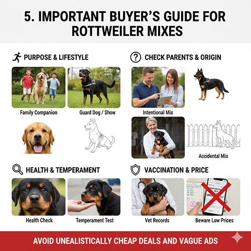 Các lưu ý quan trọng khi mua chó Rottweiler lai được minh họa bằng sáu nhóm hình trực quan