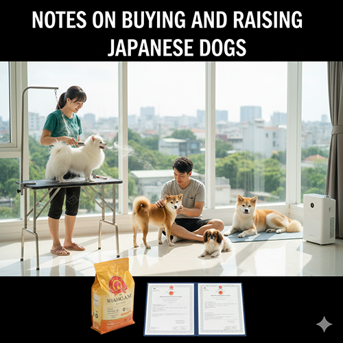 Người nuôi đang chải lông cho chó Nhật xù và chơi với Shiba Inu trong căn hộ sáng, bên cạnh túi thức ăn và giấy chứng nhận nguồn gốc