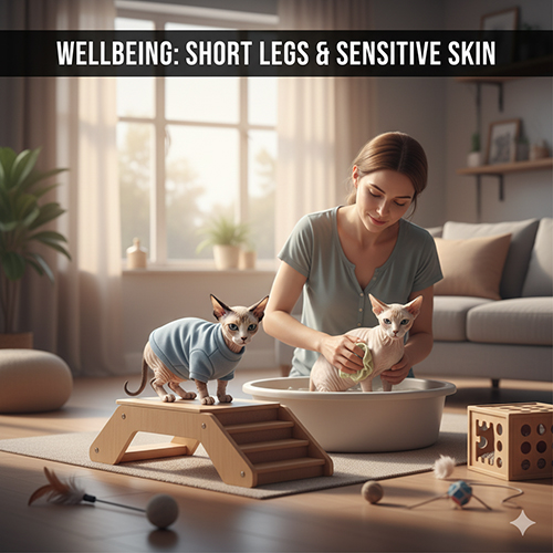 Một phụ nữ đang tắm cho mèo không lông chân ngắn, bên cạnh là một bé khác mặc áo đứng trên cầu gỗ thấp; minh họa các lưu ý phúc lợi về chân ngắn và da nhạy cảm