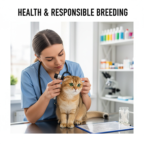 Bác sĩ thú y kiểm tra tai mèo Scottish Fold golden trên bàn khám; nhấn vệ sinh tai cụp và theo dõi xương khớp, đuôi.