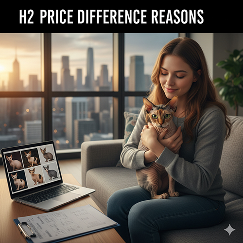 Ảnh cô gái ôm mèo Không lông Sphynx cạnh laptop hiển thị nhiều màu sắc Sphynx – minh họa lý do chênh lệch giá