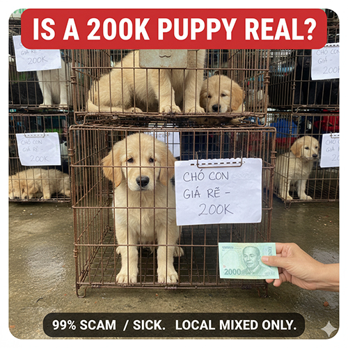 Hình cảnh báo vì sao chó con giá rẻ 200k thường là lừa đảo và rủi ro sức khỏe