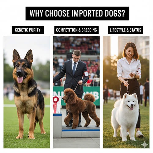 Lý do nên chọn nuôi chó nhập khẩu – hình ảnh minh họa ba lý do: gen thuần chủng, thi đấu & nhân giống, phong cách sống & địa vị