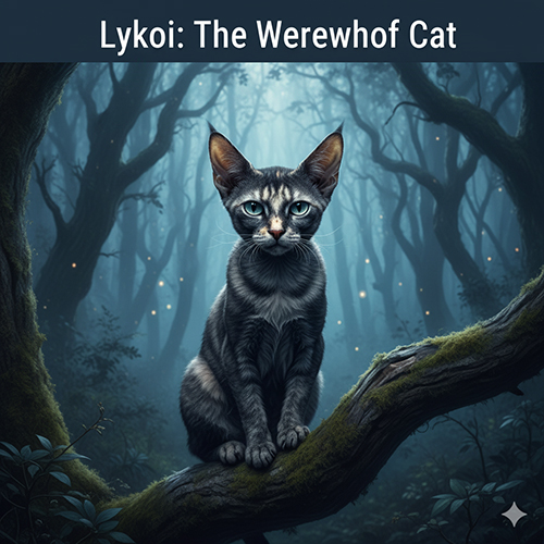 Mèo Lykoi ngồi trên cành cây giữa khu rừng mờ sương, lông thưa đặc trưng như “mèo sói”