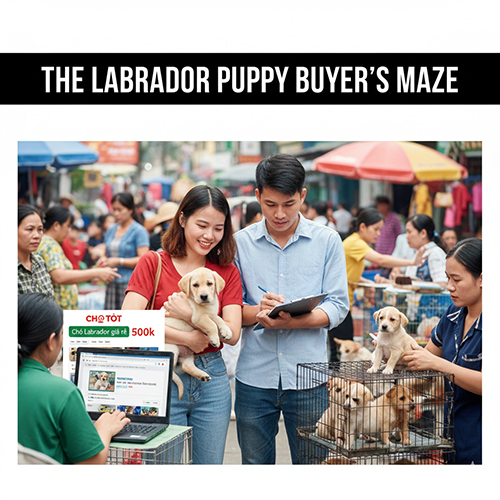 Cặp đôi trẻ đang chọn mua chó Labrador con giữa chợ chó đông đúc, bên cạnh màn hình tin rao Labrador giá rẻ 500k