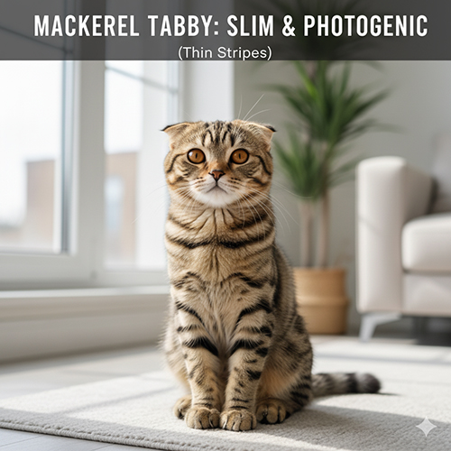 Mèo Scottish Fold mackerel tabby với vằn mảnh dọc thân ngồi trên sàn phòng sáng.
