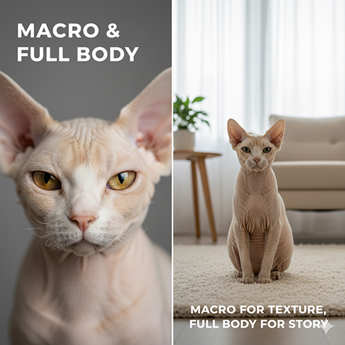 Hai ảnh mèo Sphynx: một macro cận mặt và một toàn thân trong phòng sáng
