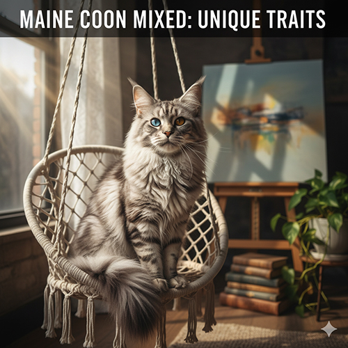 Mèo Maine Coon lai màu silver ngồi trên ghế treo trong phòng đầy ánh sáng, minh họa bài viết giải thích đặc điểm và sức hút của Maine Coon lai.