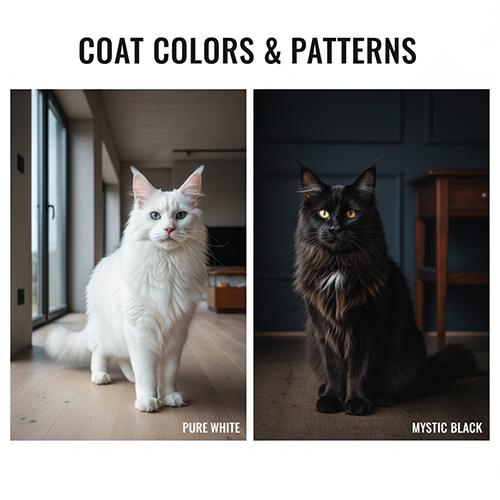 Mèo Maine Coon trắng và Maine Coon đen đứng trong hai bối cảnh khác nhau, minh họa màu lông phổ biến.
