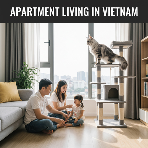 Mèo Maine Coon sống cùng gia đình trong căn hộ tại Việt Nam, ngồi trên cây mèo cao.