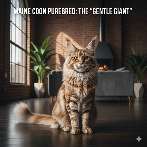 Mèo Maine Coon thuần chủng màu cam ngồi trong phòng khách phong cách industrial, minh họa bài viết giải thích chuẩn giống và các đặc điểm nhận diện.