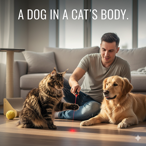 Mèo Maine Coon chơi cùng người và chó trong phòng khách, minh họa tính cách thân thiện và thông minh.