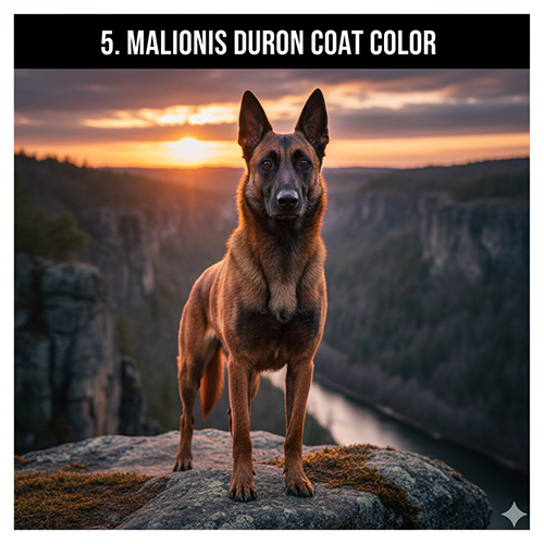 Chó Malinois màu duron đứng trên vách đá lúc hoàng hôn, lông đỏ cháy nổi bật