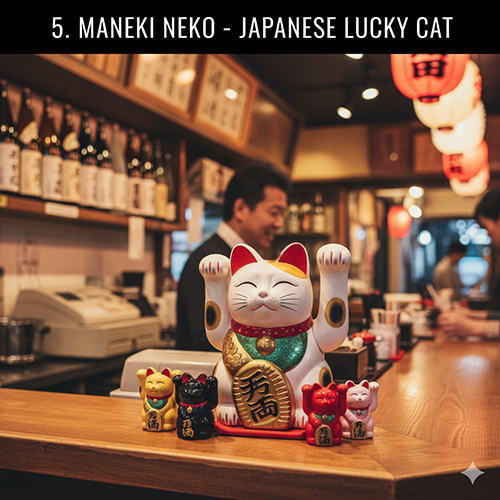 Tượng Maneki Neko mèo thần tài Nhật Bản giơ tay vẫy đặt trên quầy cửa hàng