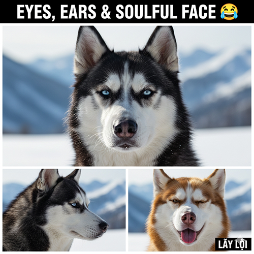 Ảnh cận mặt Husky với mắt xanh, tai dựng và biểu cảm hài hước đặc trưng