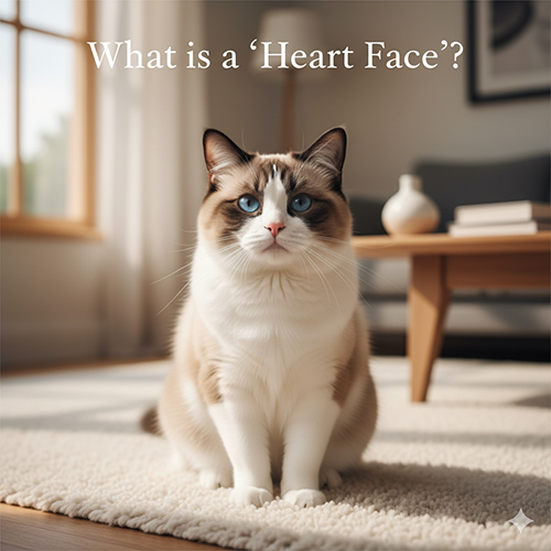 Mèo Ragdoll bicolor ngồi trong phòng sáng, mặt có chữ V ngược rõ tạo hiệu ứng “mặt tim”