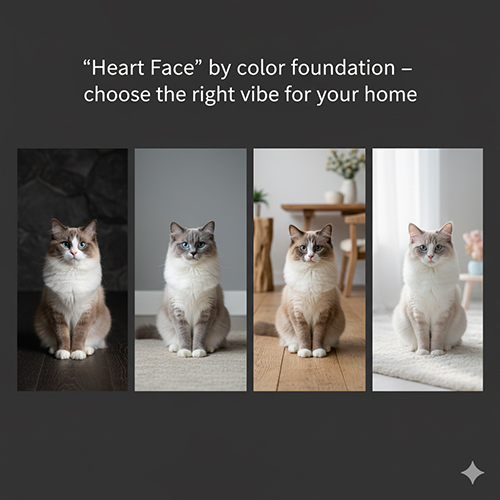 Bốn mèo Ragdoll bicolor ở bốn tone màu seal, blue, chocolate, lilac giúp so sánh vibe “mặt tim” theo nền màu