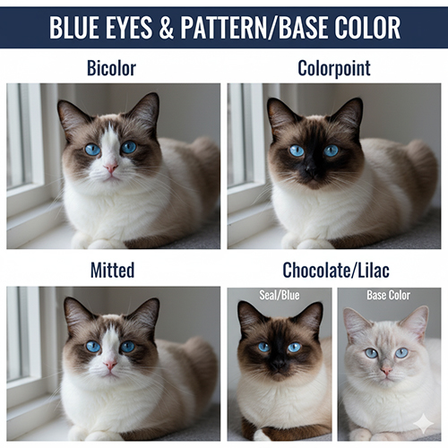 So sánh mắt xanh mèo Ragdoll trên các pattern bicolor, mitted, colorpoint và các nền màu seal, blue, chocolate, lilac