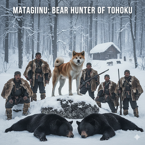 Hình minh họa Matagiinu – chó săn gấu vùng núi Tohoku đứng trên tảng đá giữa bầy thợ săn và gấu đen trong rừng tuyết
