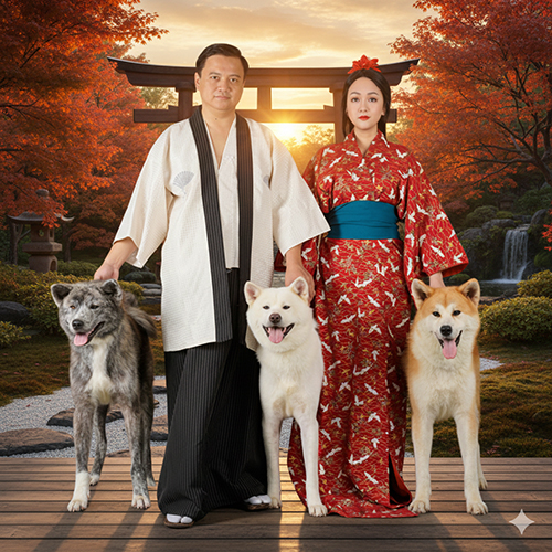 Cặp đôi mặc trang phục Nhật Bản đứng cùng ba chú chó Akita Inu màu vện, trắng và đỏ trong khung cảnh vườn Nhật mùa thu