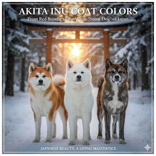 Ba chú chó Akita Inu với ba màu lông đỏ, trắng và vện đứng trước cổng Torii trong khung cảnh tuyết rơi Nhật Bản