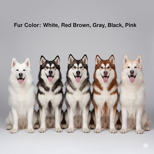 Màu lông chó Alaska Malamute – trắng, nâu đỏ, xám, đen, hồng phấn