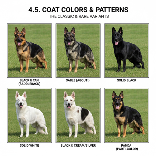 Sáu chú chó Becgie Đức thể hiện các màu lông: black & tan, sable, đen tuyền, trắng, black & cream và panda