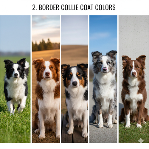 Hình ảnh chó Border Collie với các màu lông phổ biến như đen trắng, nâu đỏ, tam thể và blue merle